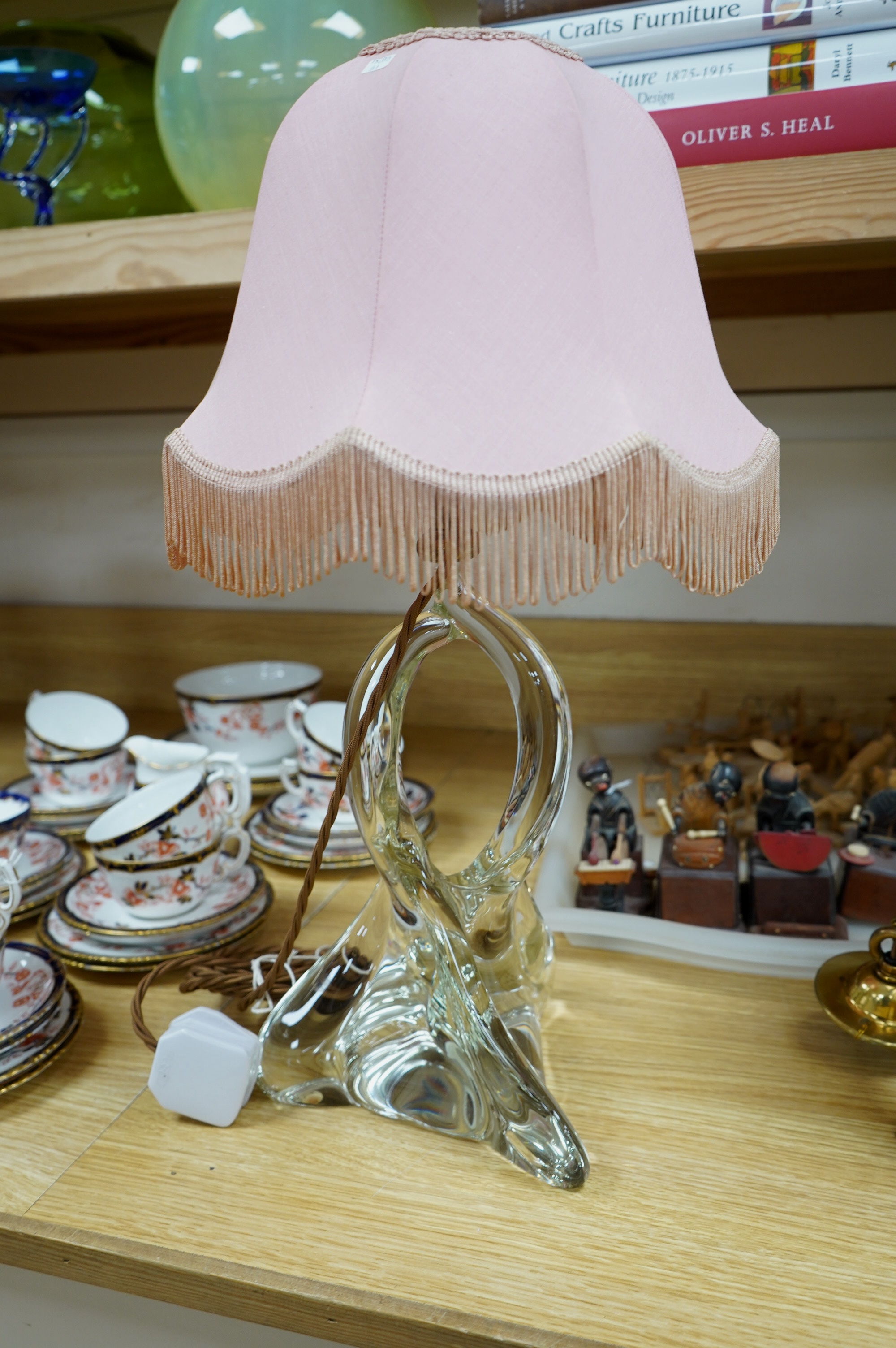 A clear crystal Murano table lamp with fabric pink shade, circa 1960's, wired, glass 28cm high, overall 50cm to top of shade. Condition, good, not tested